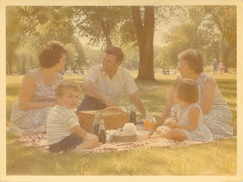 Before: a 1960s family picnic snapshot, badly faded and yellowed